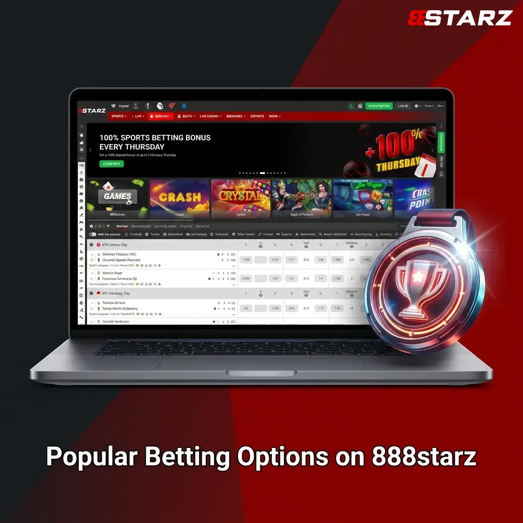 Popular betting options on 888starz including sports, live betting, casino games, and esports wagering choices